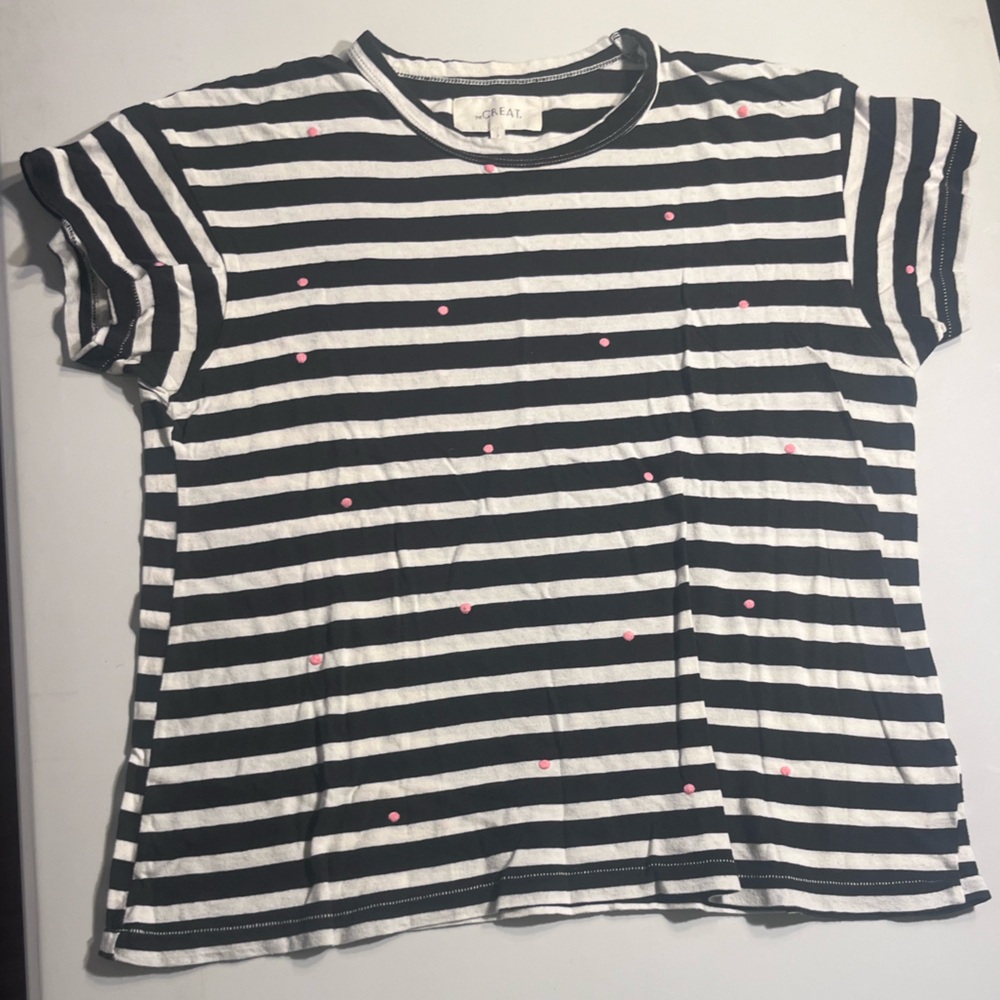 The Great. Black & White Striped Tee with Pink Dots – Size 2